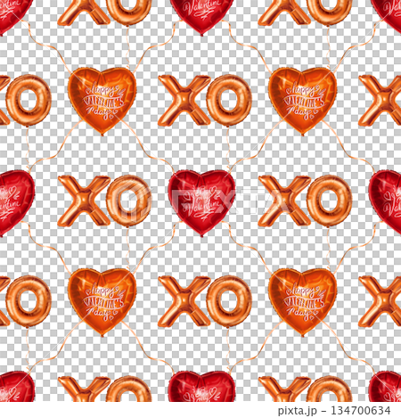 Foil XO letter and heart shaped balloons seamless pattern for Valentine Day. Hand drawn holiday element in red and gold on white background. Ideal for wrapping paper or romantic festive party design. 134700634