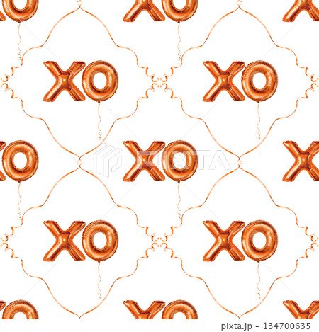 XO gold foil balloon letter sign seamless pattern for Valentine Day. Hand drawn luxury holiday print with diamond ribbon on white background. Ideal for wrapping paper or romantic festive party design. XO gold foil balloon letter sign seamless pattern for Valentine Day. Hand drawn luxury holiday print with diamond ribbon on white background. Ideal for wrapping paper or romantic festive party design. 134700635