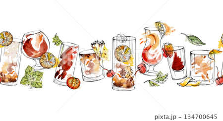 Horizontal seamless border of red-orange cocktails Old-Fashioned, Negroni, Spritz with mint leaves and tomato garnish in watercolor and ink. Hand drawn for headers, bar art, and digital projects. 134700645