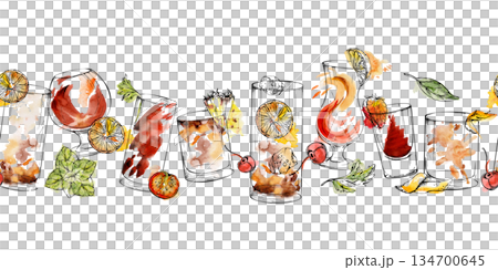 Horizontal seamless border of red-orange cocktails Old-Fashioned, Negroni, Spritz with mint leaves and tomato garnish in watercolor and ink. Hand drawn for headers, bar art, and digital projects. 134700645
