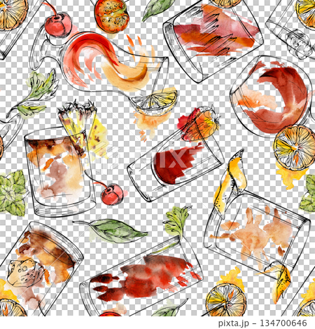 Watercolor seamless pattern of amber cocktails, mint leaves, citrus wheels, cherries outlined in ink. Tropical Tequila Sunrise, Mai Tai, Aperol Spritz hand drawn for wrapping paper or backgrounds. Watercolor seamless pattern of amber cocktails, mint leaves, citrus wheels, cherries outlined in ink. Tropical Tequila Sunrise, Mai Tai, Aperol Spritz hand drawn for wrapping paper or backgrounds. 134700646