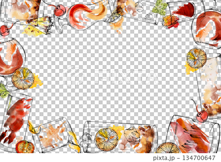 Warm amber and crimson cocktails Negroni, Old-Fashioned, Aperol Spritz framed in watercolor and ink with citrus orange slices and ice cubes. Hand drawn for bar menus, evening events, classy branding. 134700647