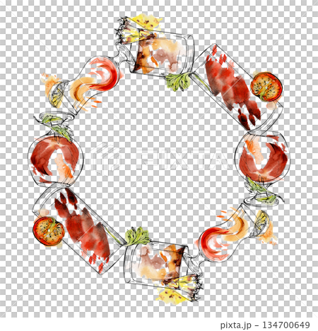 Negroni, Mai Tai, Tequila Sunrise, Bloody Mary and Aperol Spritz cocktails wreath, celery and pineapple in warm watercolor tones outlined in fine ink. Hand drawn for bar menus and product identity. Negroni, Mai Tai, Tequila Sunrise, Bloody Mary and Aperol Spritz cocktails wreath, celery and pineapple in warm watercolor tones outlined in fine ink. Hand drawn for bar menus and product identity. 134700649