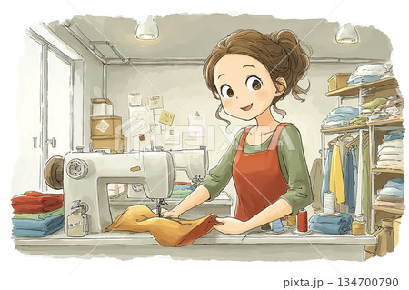 古い着物をリメイクして縫製する若い女性 134700790