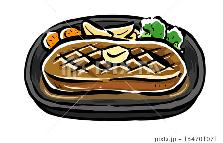 バターをのせた網焼きステーキ 手書きイラスト バターをのせた網焼きステーキ 手書きイラスト 134701071