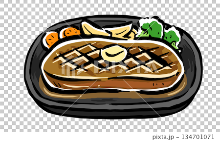 バターをのせた網焼きステーキ 手書きイラスト バターをのせた網焼きステーキ 手書きイラスト 134701071