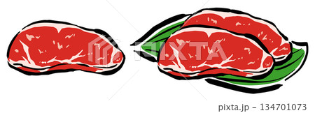 ステーキの生肉　1枚のものと葉にのせた2枚のもの　手書きイラスト 134701073