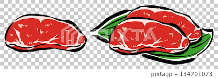 ステーキの生肉　1枚のものと葉にのせた2枚のもの　手書きイラスト 134701073