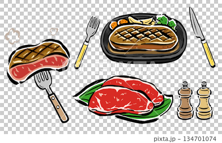 Steak (iron plate, raw meat, fork, knife, salt and pepper) Hand-drawn illustration Steak (iron plate, raw meat, fork, knife, salt and pepper) Hand-drawn illustration 134701074