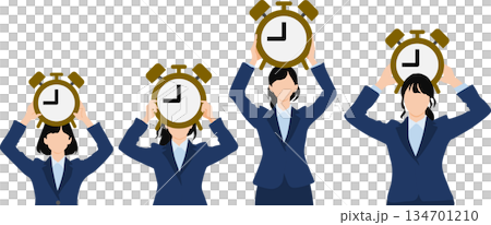 Illustration of a businesswoman holding a large clock in both hands 134701210