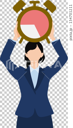 Illustration of a businesswoman holding a large clock in both hands 134701211