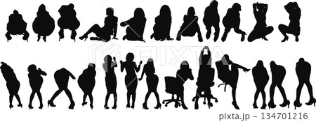 ポーズをとる女性のシルエットイラストセット ポーズをとる女性のシルエットイラストセット 134701216