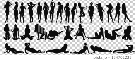 ポーズをとる女性のシルエットイラストセット	 134701223