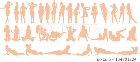 ポーズをとる女性のシルエットイラストセット	 134701224