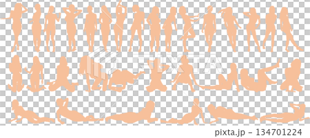 ポーズをとる女性のシルエットイラストセット	 134701224