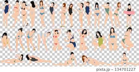 ポーズをとる女性のシルエットイラストセット	 134701227