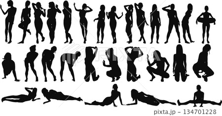 ポーズをとる女性のシルエットイラストセット	 134701228