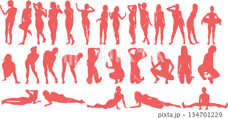 ポーズをとる女性のシルエットイラストセット ポーズをとる女性のシルエットイラストセット 134701229