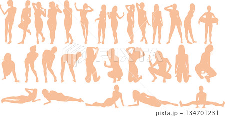 ポーズをとる女性のシルエットイラストセット ポーズをとる女性のシルエットイラストセット 134701231