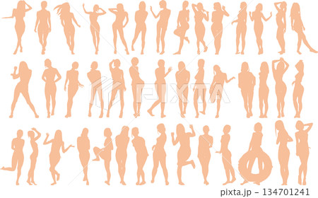 ポーズをとる女性のシルエットイラストセット	 134701241