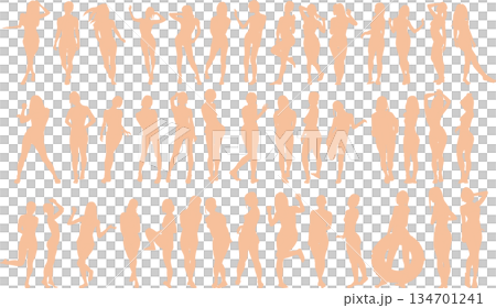 ポーズをとる女性のシルエットイラストセット	 134701241