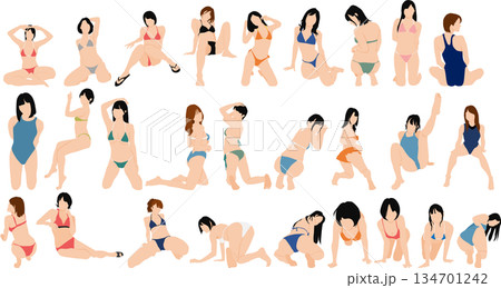 ポーズをとる女性のシルエットイラストセット	 134701242