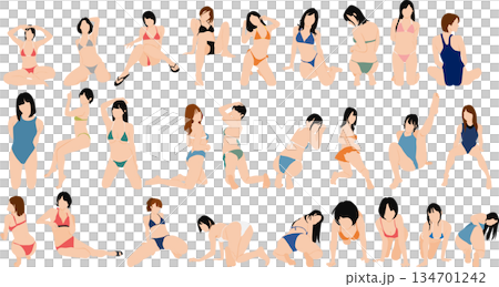 ポーズをとる女性のシルエットイラストセット	 134701242