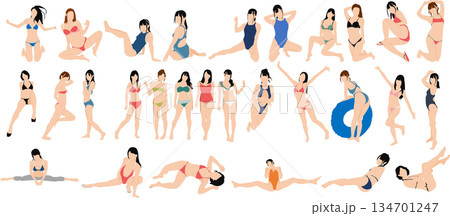ポーズをとる女性のシルエットイラストセット	 134701247