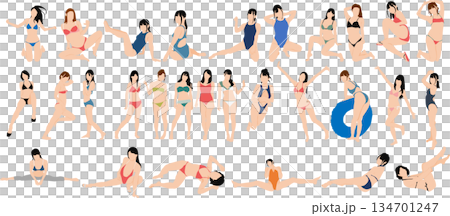 ポーズをとる女性のシルエットイラストセット	 134701247