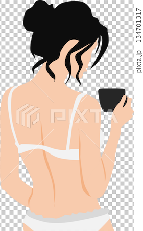 Illustration of a woman drinking morning coffee 134701317