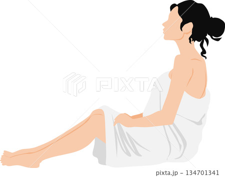 風呂に入るバスタオルを巻いた女性のイラスト	 134701341