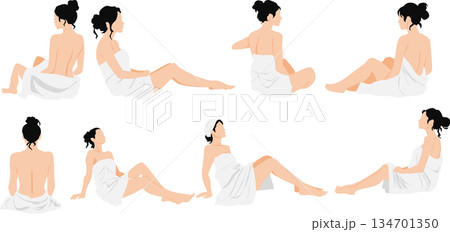 風呂に入るバスタオルを巻いた女性のイラスト	 134701350