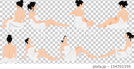 Illustration of a woman wrapped in a bath towel taking a bath 134701350