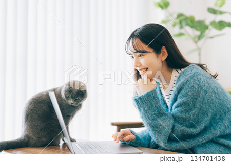 女性が使うパソコンを覗く猫 女性が使うパソコンを覗く猫 134701438