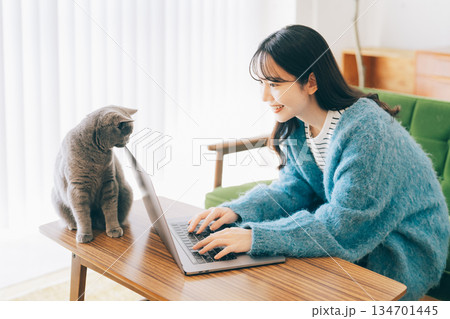 女性が使うパソコンを覗く猫 女性が使うパソコンを覗く猫 134701445