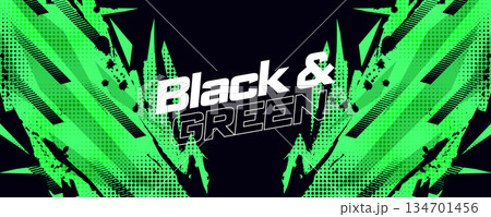 Black and Green Abstract Sports Background with Energy Lines and Halftone Texture in Grunge Style. Poster or Banner Template Design for Sports Events or Video Games Promotion 134701456