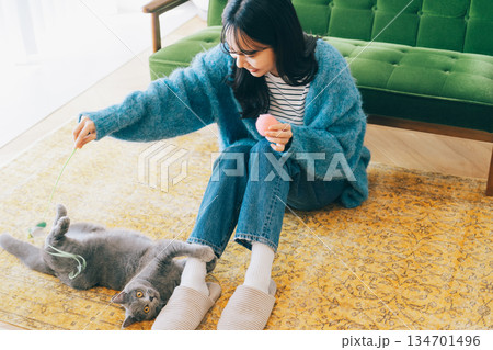 飼い主にしがみつくネコ 134701496