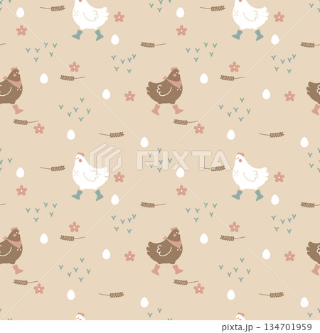 seamless minimal chicken animal and egg repeat pattern background, flat jpg illustration graphic design 134701959