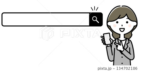 検索ボックスの横でスマホを指さすスーツの女性 134702186