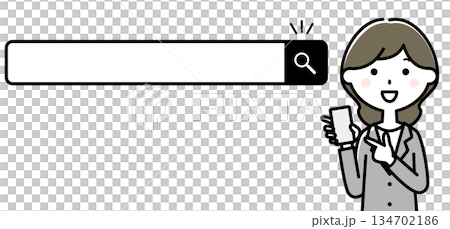 検索ボックスの横でスマホを指さすスーツの女性 134702186