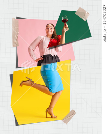 Playful lifestyle collage composition of woman with celebration and confidence 134702327