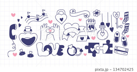 Valentine Love Doodle Set with Hearts, Gifts, Rings and Romantic Symbols. Isolated Hand Drawn Elements on a Checkered Background. Vector Illustration. Not AI 134702425