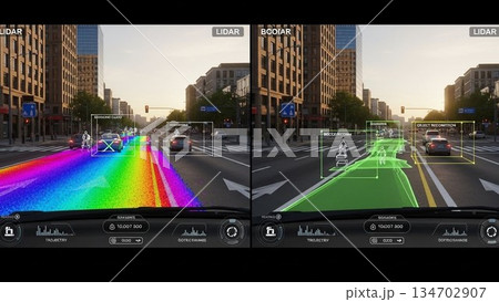 AI自動運転自動車　LiDARのセンシングが進行方向を3D解析する 134702907