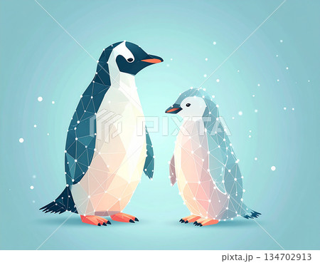 ローポリスタイルで描かれた親子ペンギンのミニマルイラスト 134702913