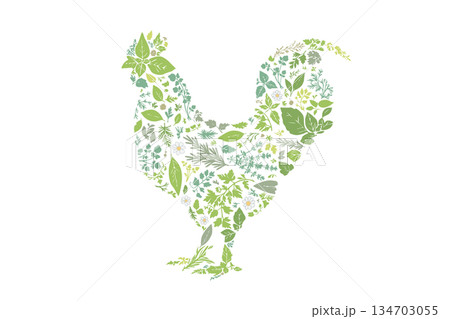 ハーブ柄で構成された鶏のシルエット 134703055