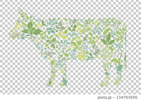 Cow silhouette made up of herb patterns 134703056