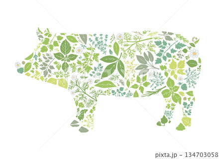 ハーブ柄で構成された豚のシルエット 134703058