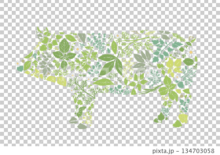 ハーブ柄で構成された豚のシルエット 134703058
