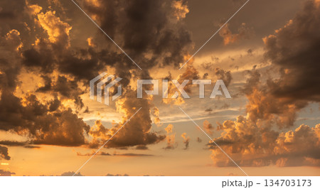 Sunset over a tranquil meadow with dramatic clouds and golden light illuminating the horizon Sunset over a tranquil meadow with dramatic clouds and golden light illuminating the horizon 134703173