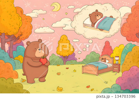 秋の公園を散歩する熊のイラスト。やさしく癒される絵本風の風景 134703396